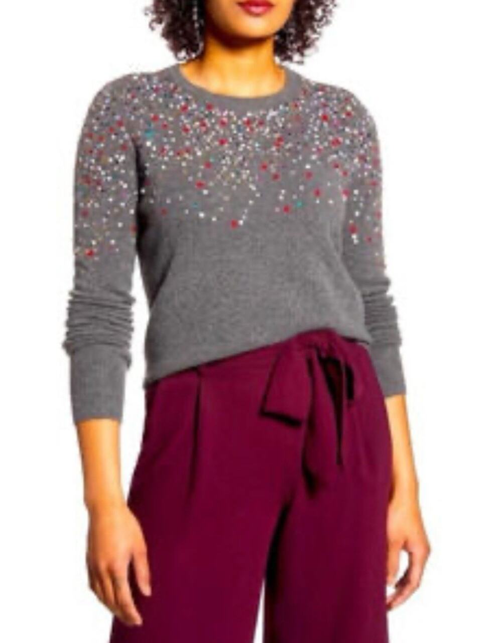 New Halogen Large Multicolor Confetti Sequin Pearl Grey Sweater Holiday NYE Q18